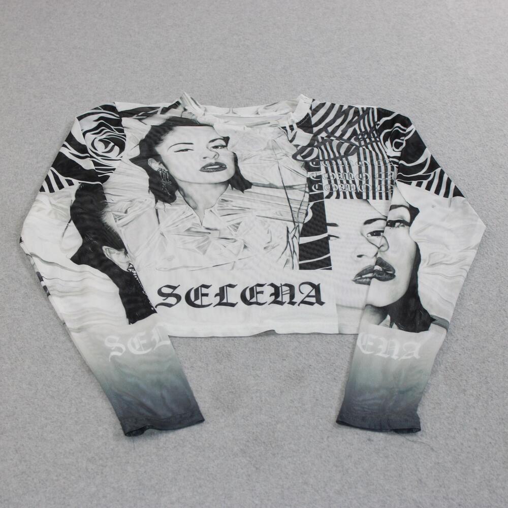 Selena Shirt Women XL White Mesh Long Sleeve Cropped Sheer Graphic Music Tee Y2K